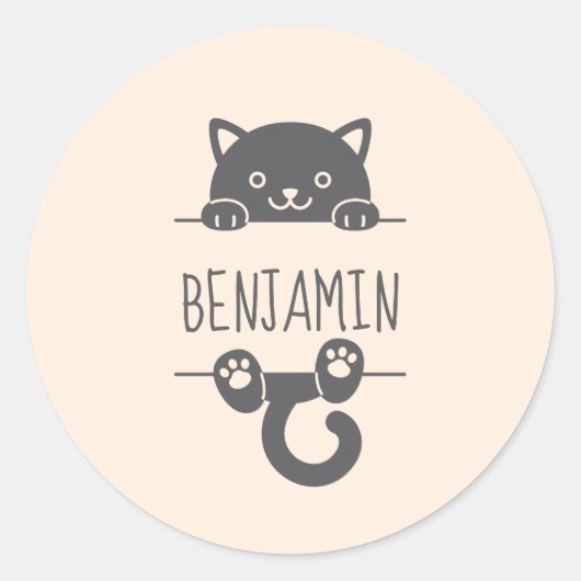 Cute Black Cat Peking achter Custom Name Ronde Sticker (Voorkant)