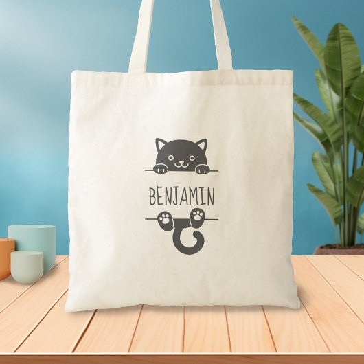 Cute Black Cat Peking achter Custom Name Tote Bag