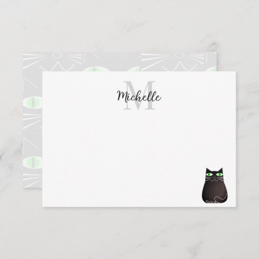 Cute Black Cat Personalized Monogram Notitiekaartje (Voorkant / Achterkant)