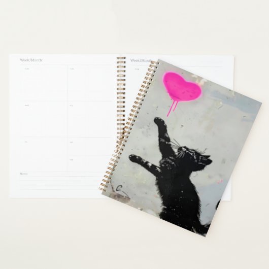 Cute Black Cat Playing with A Pink Heart Planner (Display)