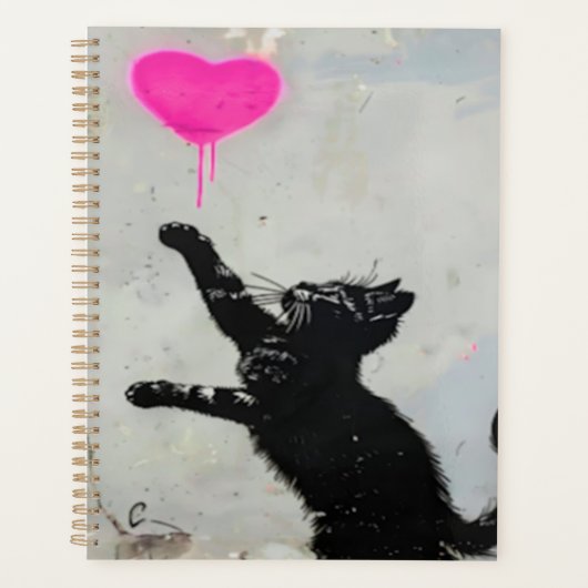 Cute Black Cat Playing with A Pink Heart Planner (Voorkant)