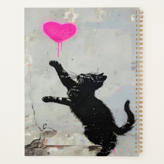 Cute Black Cat Playing with A Pink Heart Planner (Achterkant)