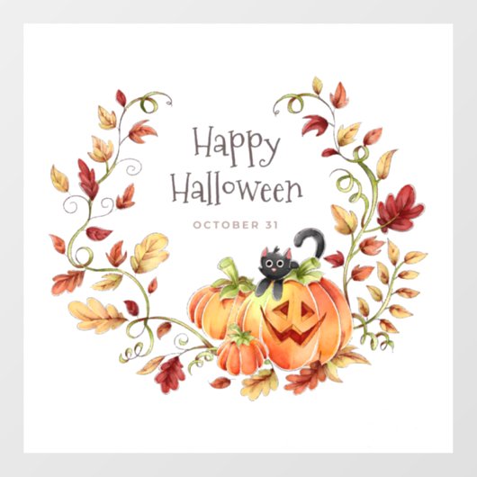 Cute Black Cat, Pumpkin en Autumn Foliage Raamsticker (Vel)