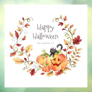 Cute Black Cat, Pumpkin en Autumn Foliage Raamsticker