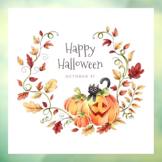 Cute Black Cat, Pumpkin en Autumn Foliage Raamsticker (Vel 3)