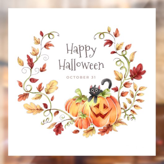 Cute Black Cat, Pumpkin en Autumn Foliage Raamsticker (Vel 2)