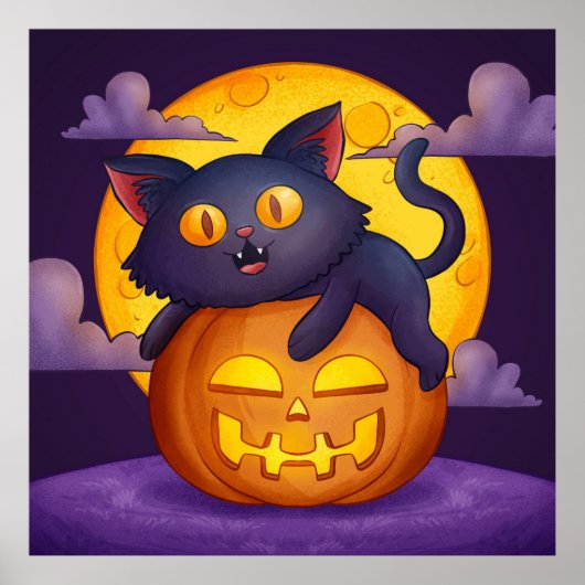 Cute Black Cat, Pumpkin en Moon Poster (Voorkant)