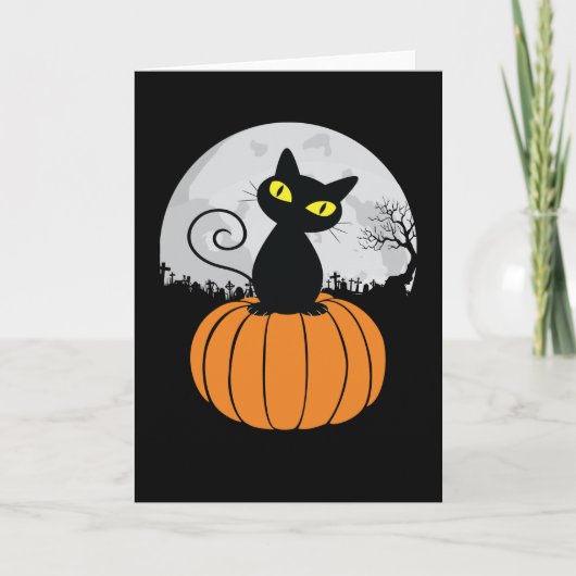 Cute Black Cat Pumpkin Full Moon Funny Halloween Kaart (Voorkant)