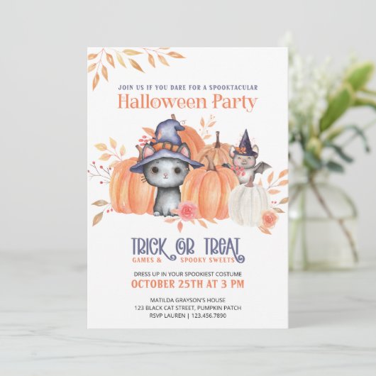 Cute Black Cat Pumpkin Patch Kinder Halloween Part Kaart (Staand voorkant)