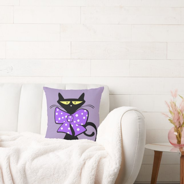 Cute Black Cat Purple Bow Polk a dot Throw Pillow Kussen (Bank)