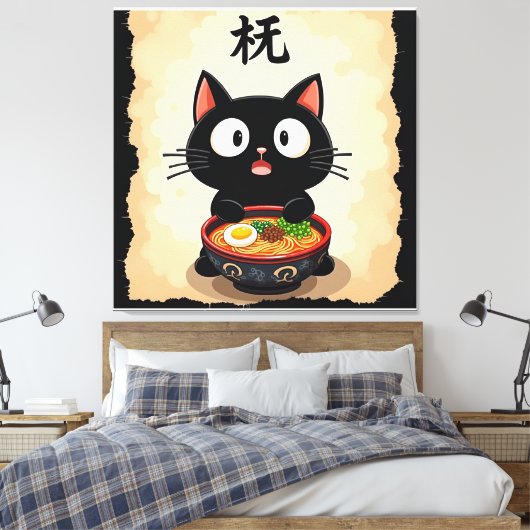Cute Black Cat Ramen – Kawaii Japanese Noodle Art Canvas Afdruk (Insitu (Slaapkamer))