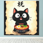 Cute Black Cat Ramen – Kawaii Japanese Noodle Art Canvas Afdruk (Insitu (Houten vloer))
