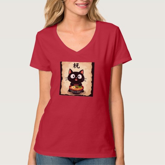 Cute Black Cat Ramen – Kawaii Japanese Noodle Art T-shirt (Voorkant)