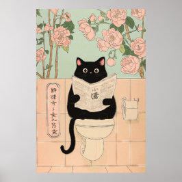 Cute Black Cat Reading in Bathroom Poster