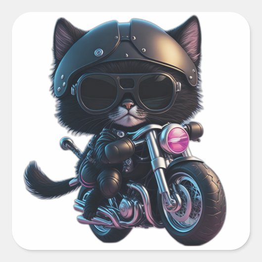 Cute Black Cat Riding een motorfiets Vierkante Sticker (Voorkant)