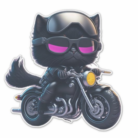 Cute Black Cat Riding Motorcycle Sticker (Voorkant)