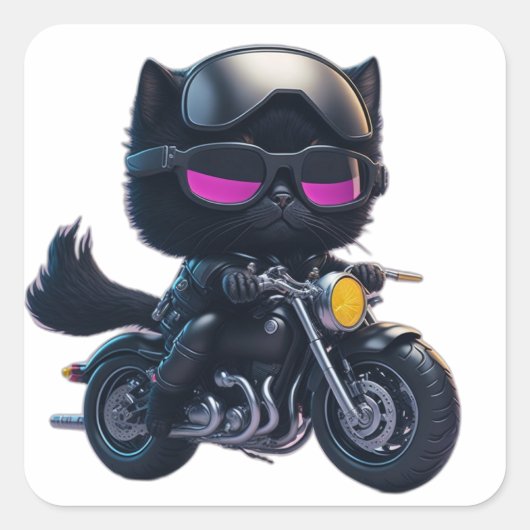Cute Black Cat Riding Motorcycle Vierkante Sticker (Voorkant)