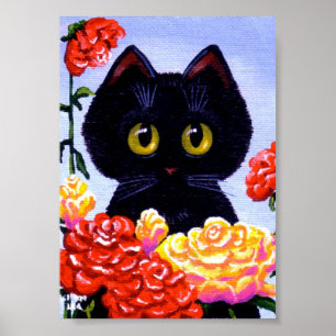 Cute Black Cat Rozen Flowers Big Eyes Creationarts Poster