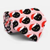 Cute Black Cat Santa Pattern Roze kerstmis Stropdas (Opgerold)