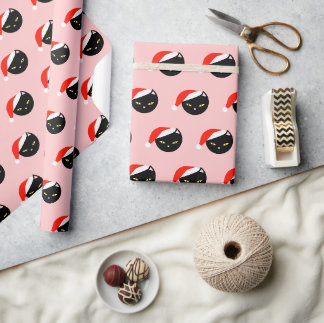 Cute Black Cat Santa Red Pattern Roze Kerstmis Cadeaupapier