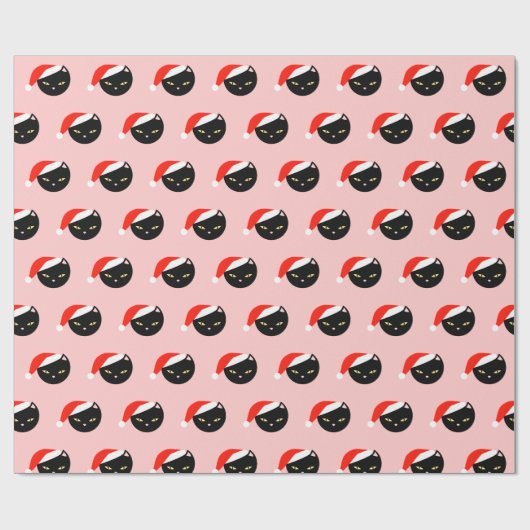 Cute Black Cat Santa Red Pattern Roze Kerstmis Cadeaupapier (Vlak)