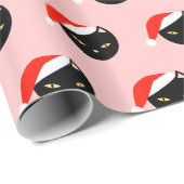 Cute Black Cat Santa Red Pattern Roze Kerstmis Cadeaupapier (Rol Hoek)