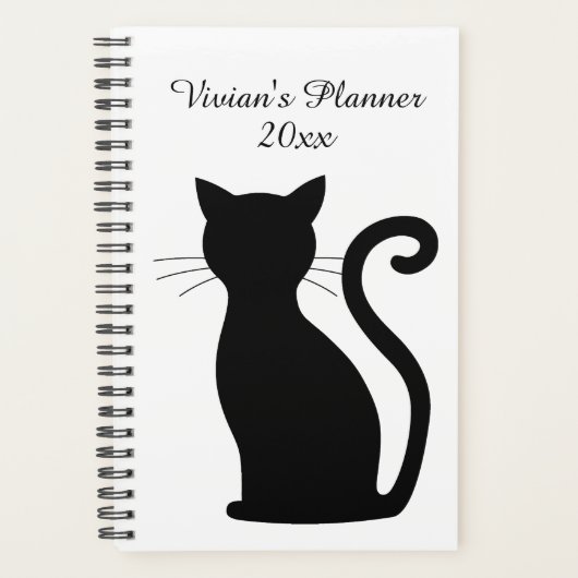 Cute Black Cat Silhouette Black en White Name Planner (Voorkant)