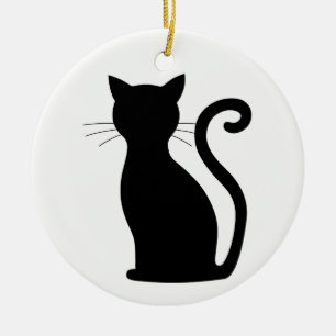 Cute Black Cat Silhouette Fun Black and White Keramisch Ornament