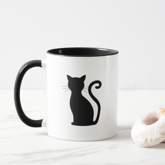 Cute Black Cat Silhouette Fun Black and White Mok (Met donut)