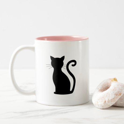 Cute Black Cat Silhouette Fun Black and White Tweekleurige Koffiemok (Met donut)