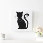 Cute Black Cat Silhouette Fun Black and White Vierkante Klok (Huis)