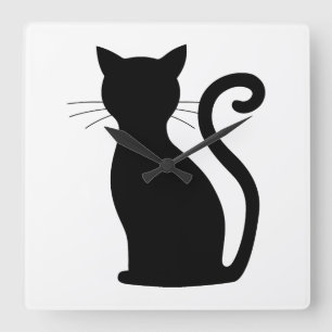 Cute Black Cat Silhouette Fun Black and White Vierkante Klok