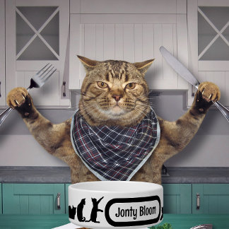 Cute Black Cat Silhouette Pattern met Kattennaam Voerbakje