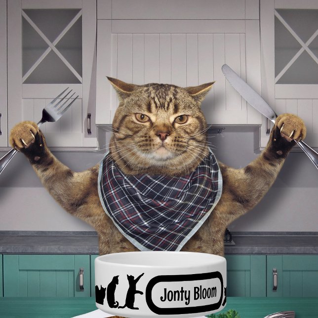 Cute Black Cat Silhouette Pattern met Kattennaam Voerbakje (Creator heeft geüpload)