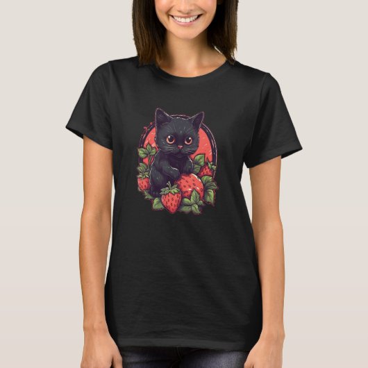 Cute black cat sitting on a patch of strawberries  t-shirt (Voorkant)