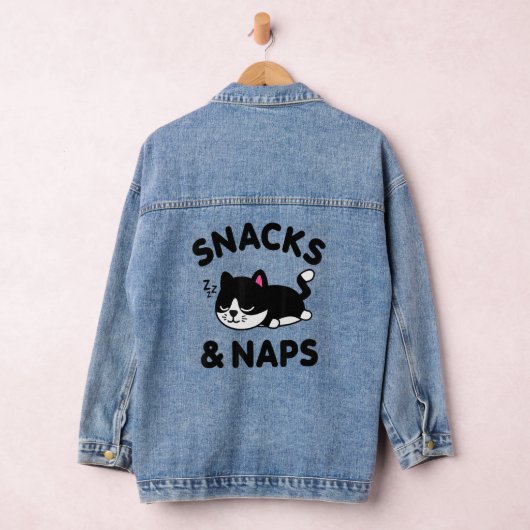 Cute Black Cat Snacks Naps Funny Gezegde Animal Lo Denim Jacket (Hangar)