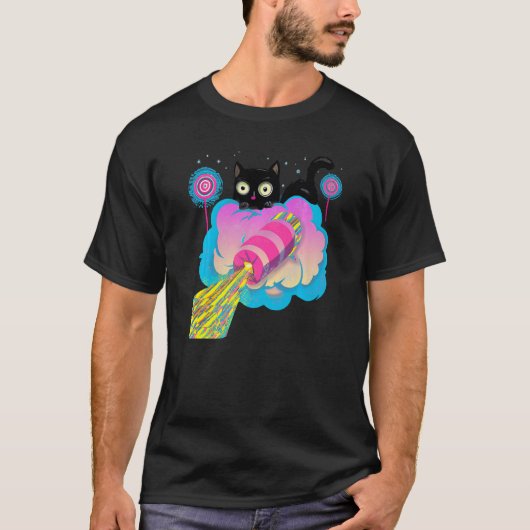 Cute Black Cat Space Rocket T-shirt (Voorkant)