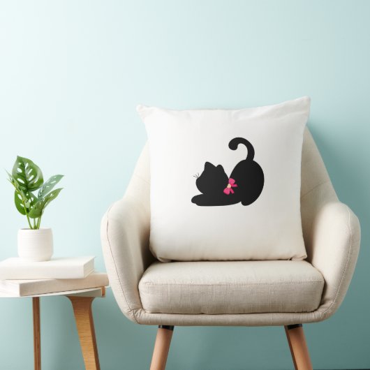 Cute Black Cat Throw Pillow | Elegant Pink Bow Tie Kussen (Stoel)