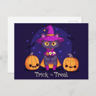 Cute Black Cat Trick or treat Briefkaart