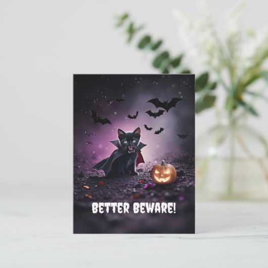 Cute Black Cat Vampire Halloween Feestdagenkaart (Staand voorkant)
