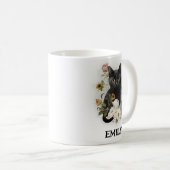Cute Black Cat Waterverf Flowers Name Koffiemok (Voorkant rechts)