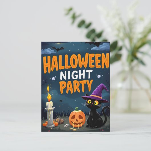 Cute Black Cat Witch Halloween Night Party Briefkaart (Staand voorkant)