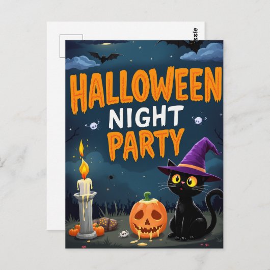 Cute Black Cat Witch Halloween Night Party Briefkaart (Voorkant / Achterkant)