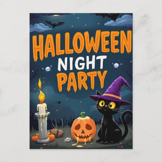 Cute Black Cat Witch Halloween Night Party Briefkaart (Voorkant)
