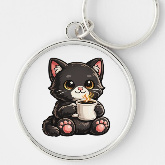 Cute Black Cat with Coffee Sleutelhanger (Voorkant)