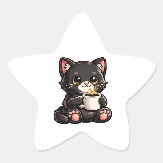 Cute Black Cat with Coffee Ster Sticker (Voorkant)