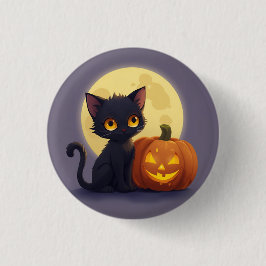 Cute Black Cat with Glowing Carved Pumpkin Ronde Button 3,2 Cm