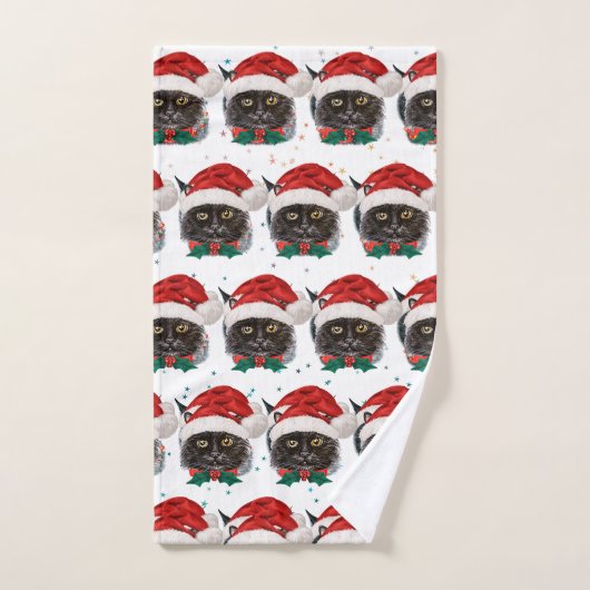 Cute Black Cat with Santa Hat on Christmas Handdoek (Handdoek)