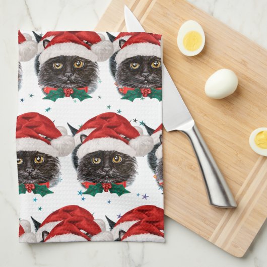 Cute Black Cat with Santa Hat on Christmas Theedoek (Quarter Fold)