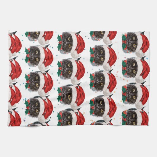 Cute Black Cat with Santa Hat on Christmas Theedoek (Horizontaal)